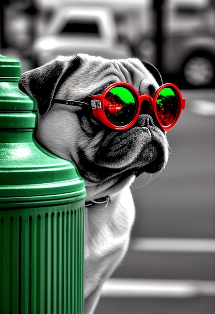 Foto un perro pug con gafas rojas y gafas con montura roja está parado junto a un poste verde.