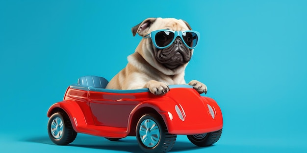 Perro pug gracioso con gafas de sol en un coche de juguete sobre un fondo azul claro