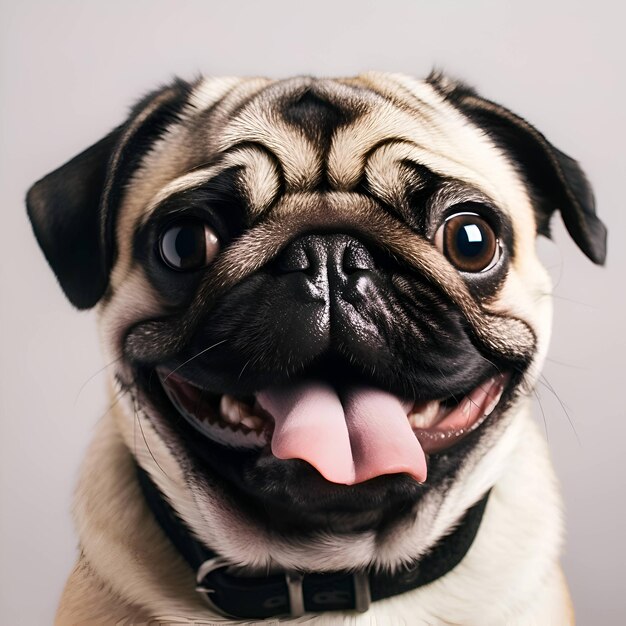 Perro pug gracioso con la lengua en un fondo blanco