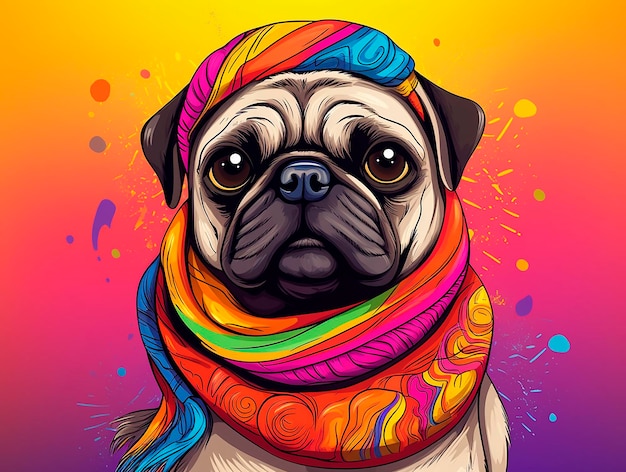 Perro pug lindo con bufanda de colores sobre fondo de colores Ilustración vectorial