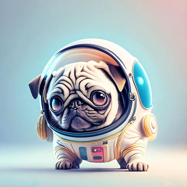 Un perro pug lleva casco y tiene un fondo azul y amarillo.