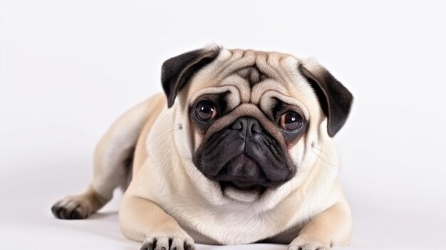 Un perro pug con una mirada triste en su rostro.