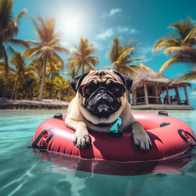 Foto perro pug nadando en piscina ia generativa