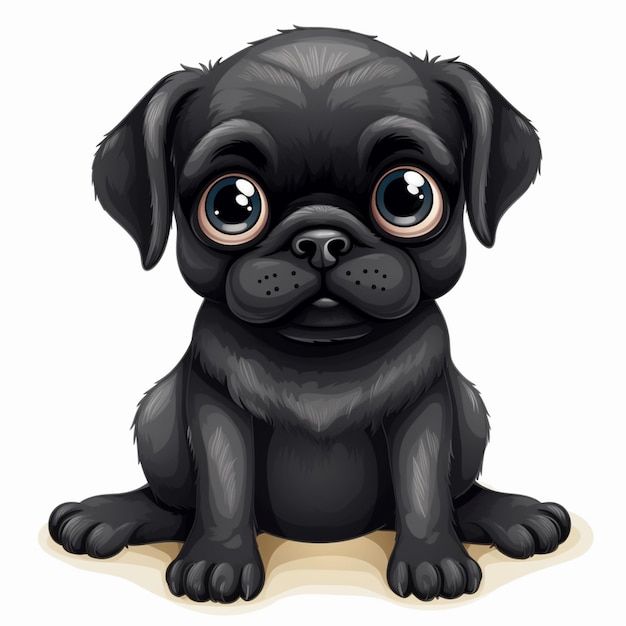 Foto un perro pug negro de dibujos animados sentado en el suelo con ojos grandes generativo ai