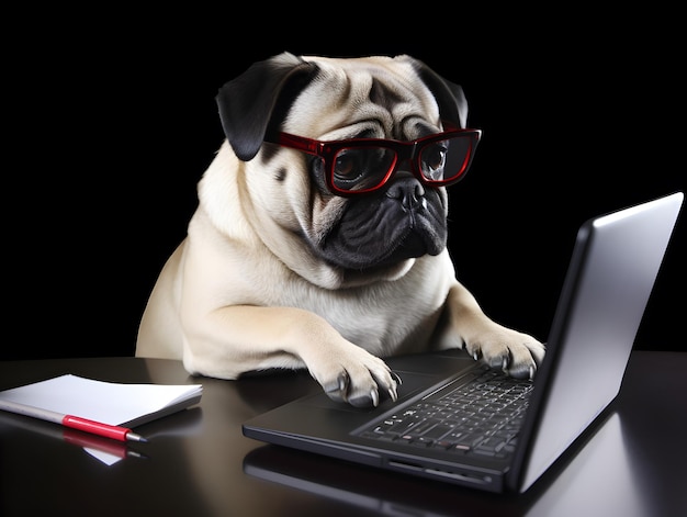 Perro pug ocupado Concepto de trabajo duro o trabajo desde casa