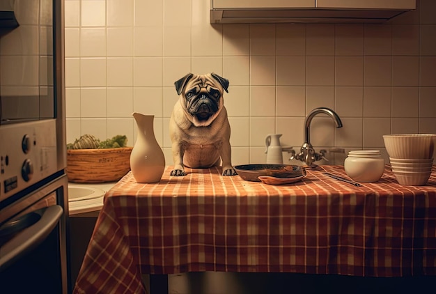 Perro Pug parado debajo de la mesa esperando comida en la cocina