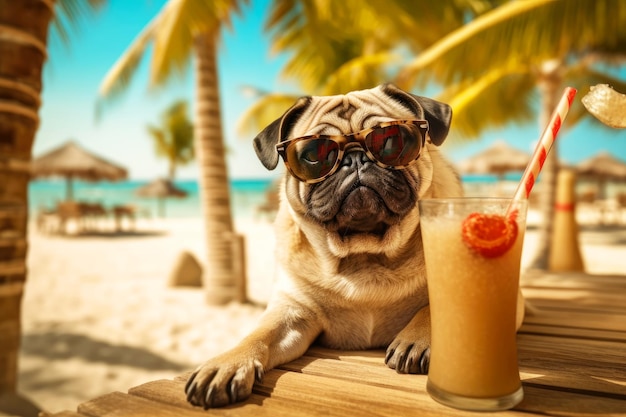 El perro pug se relaja en la playa con un cóctel Concepto de vacaciones en un resort con mascotas IA generativa