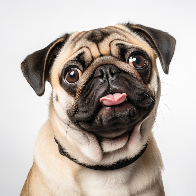 Foto un perro pug sacando la lengua y mirando a la cámara