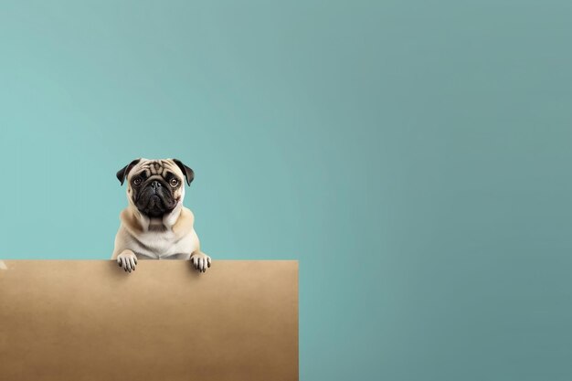 Foto un perro pug está sentado en un pedazo de cartón.