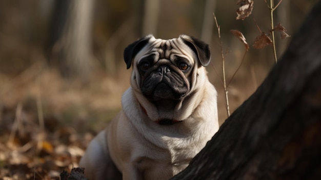 Un perro pug se sienta en el bosque