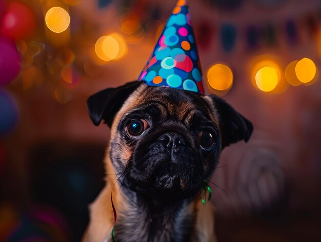 Foto un perro pug con un sombrero de fiesta