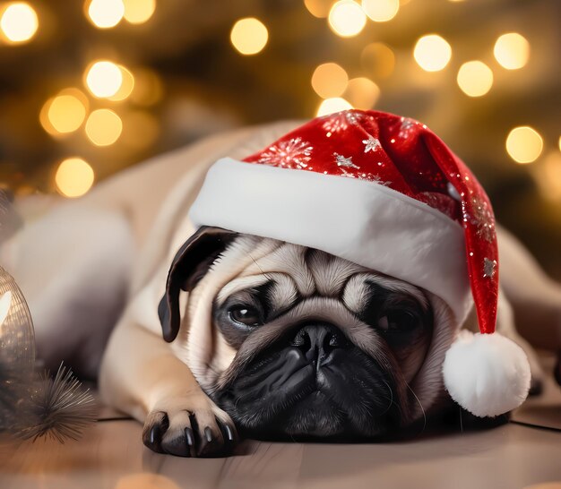 perro pug con sombrero de Santa Claus en la cabeza aislado o en el fondo de Navidadbokeh luz para el árbol