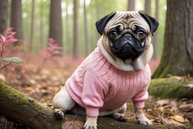 Un perro pug con un suéter rosa se sienta en el bosque