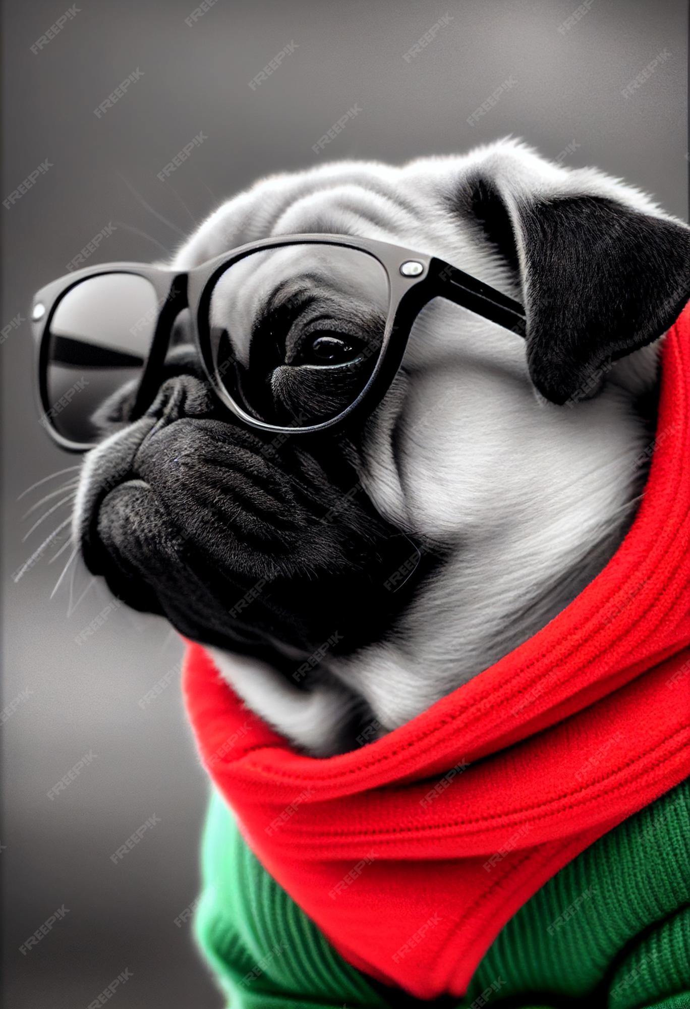 Perro pug con un suéter y gafas | Foto Premium