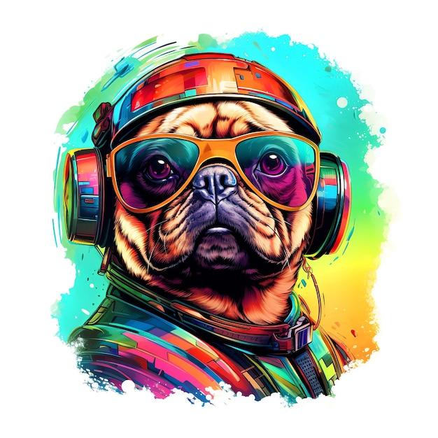 El perro Pug usa gafas en un fondo limpio Impresión DTG Impresión DTF Transferencia Diseños de sublimación Perro Animales de compañía Ilustración IA generativa