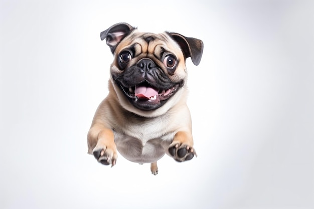 Foto un perro pug vuela por el aire