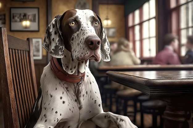 Perro puntero inglés generado por IA en un restaurante apto para perros