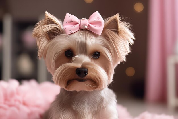 Foto perro de pura raza con un arco perro lindo perro doméstico