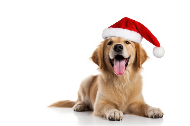Perro de pura raza Golden Retriever con sombrero de Papá Noel de Navidad en el espacio de copia de fondo blanco Año Nuevo