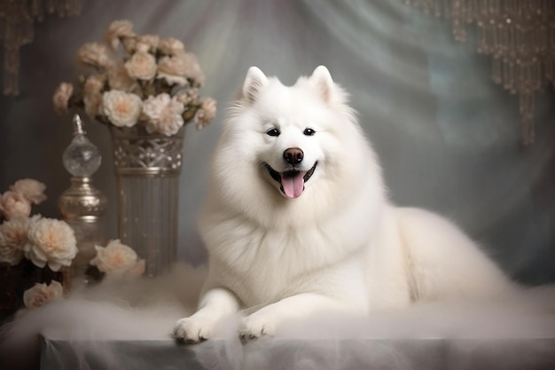 un perro que está acostado con un ramo de flores