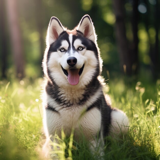 un perro que está sentado en la hierba con el sol detrás de él