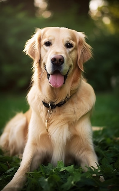 Un perro que está sentado en la hierba.