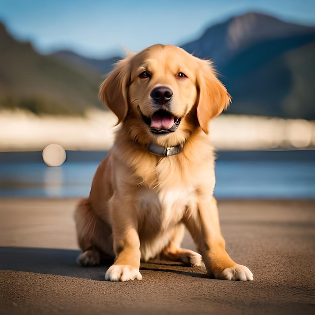 Un perro que está sentado en una playa.