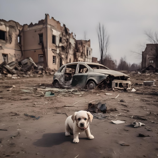 Un perro que está sentado en la tierra.