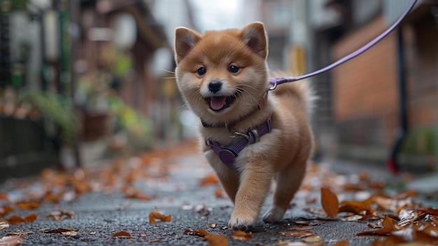 un perro que está usando un collar púrpura con la palabra cita en él