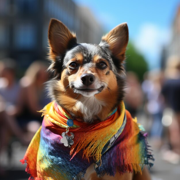 Un perro que lleva una camiseta que dice que lleva puesto el perro.