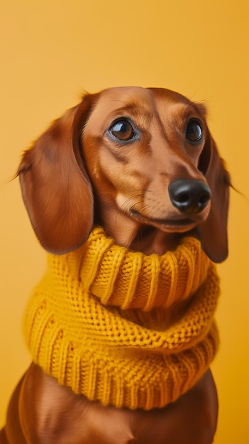 Un perro que lleva un suéter amarillo con un collar que dice dachshund.