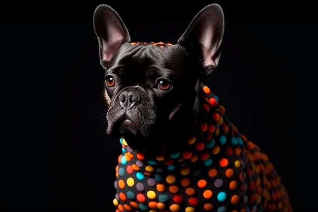 Un perro que lleva un suéter colorido con la palabra francés.