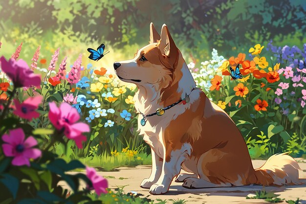 Un perro que se sienta entre las flores y mira a las mariposas