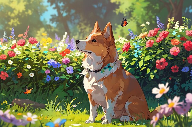 Un perro que se sienta entre las flores y mira a las mariposas