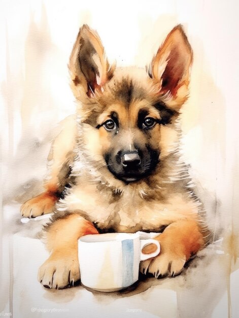 un perro que tiene una taza en él