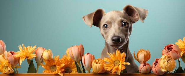 Perro con un ramo de tulipanes en los dientes