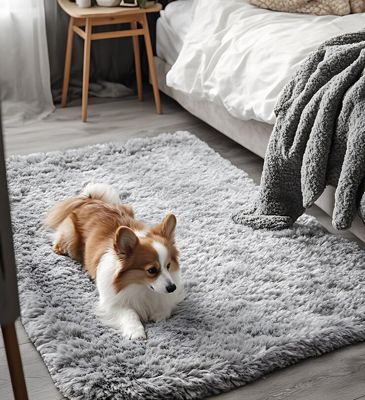 perro rapado acostado en una alfombra peluda en un dormitorio