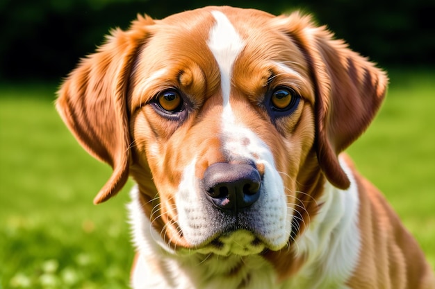 Un perro con una raya blanca en la cara mira a la cámara.