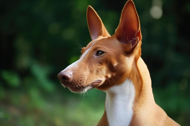 Perro de raza Podenco closeup sobre un fondo verde