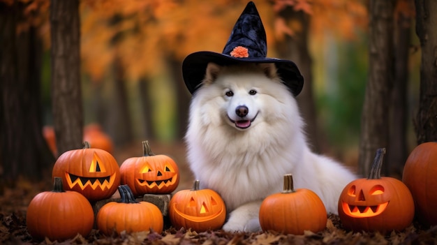 Perro de raza Samoyed en disfraz de Halloween en el bosque rodeado de linternas de calabaza