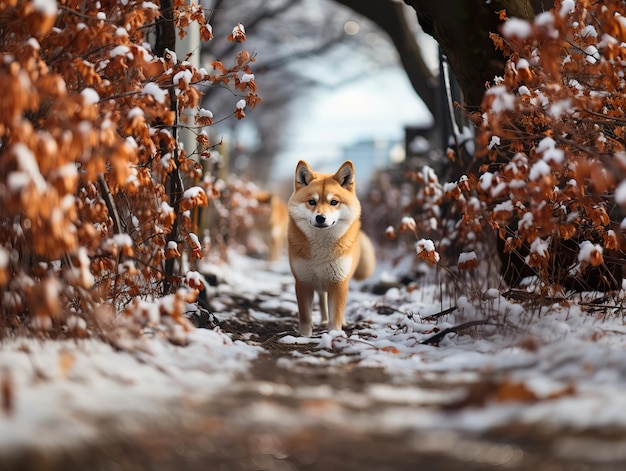 Perro de raza shiba inu sobre un fondo borroso IA generativa