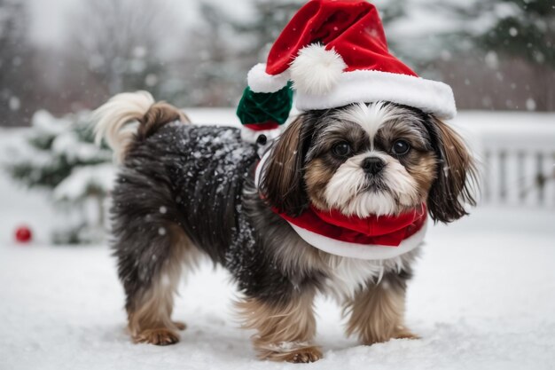 Perro raza shih en gorra Papá Noel y ropa roja en el bosque de invierno