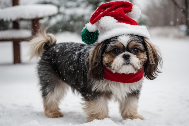 Perro raza shih en gorra Papá Noel y ropa roja en el bosque de invierno