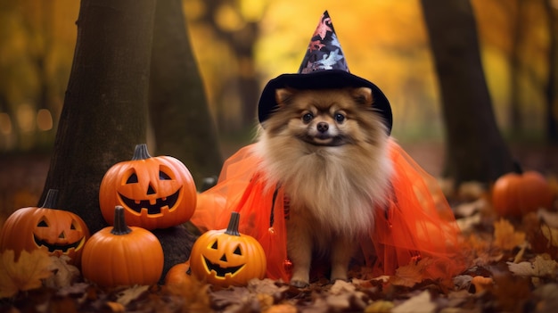 Perro de raza Spitz disfrazado de Halloween en el bosque rodeado de linternas de calabaza