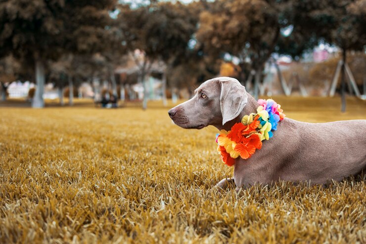 Perro de raza Weimaraner en un hermoso paisaje otoñal con hermosos colores ocres.