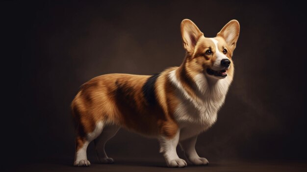 Perro de raza Welsh Corgi Pembroke de color negro tostado y blanco sobre fondo marrón vacío