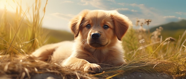 Un perro relajado descansando en un campo de hierba