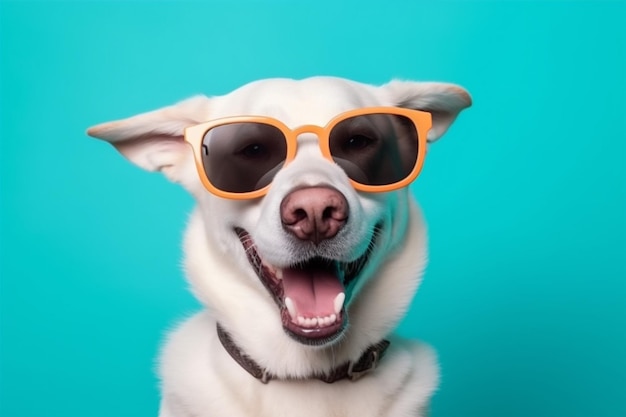 Foto perro retrato mascota diversión animal fondo sonrisa aislado divertido gafas de sol linda ia generativa