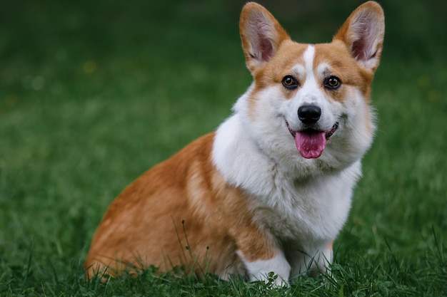 El perro de retrato Welsh Corgi Pembroke se sienta en la hierba. fondo verde