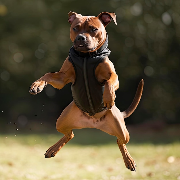 Un perro Rhodesian Ridgeback saltando en el aire con una expresión feliz